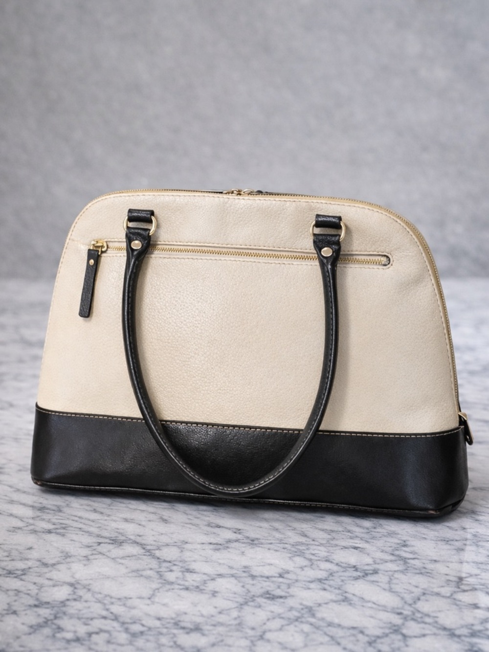 Kate Spade Leather Dome Satchel Cream Black Top Handle Bag - Picture 2 of 7